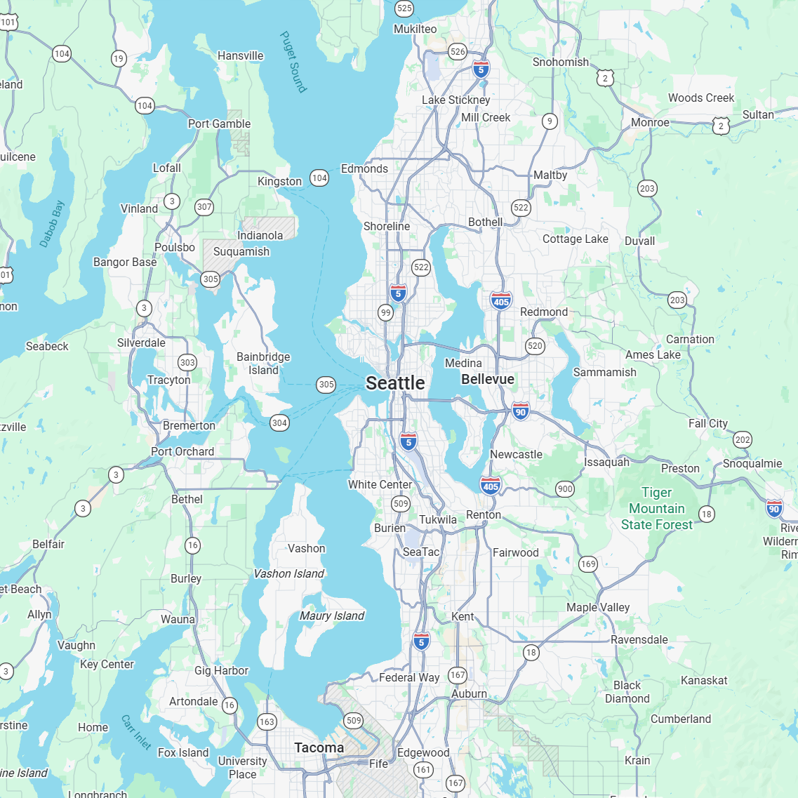Alex Heating LLC service area map — King, Pierce & Kitsap County, WA